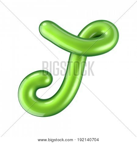 Glossy green letter T uppercase. 3D rendering font with glint isolated on white background.