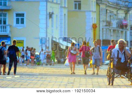 Chernihiv / Ukraine. 07 June 2015: People walk on the central area in Chernihiv Ukraine. Chernihiv / Ukraine. 07 June 2015: