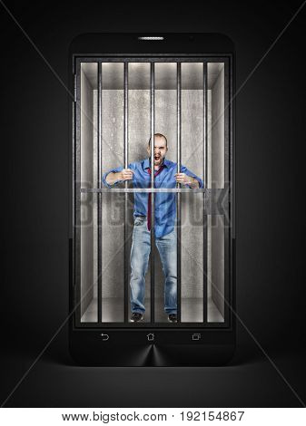 man imprisoned in a methaphoric smartphone jail 3d rendering image
