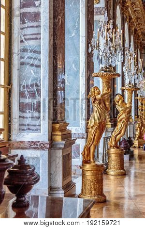 Paris, France, March 28 2017: Mirror's hall of Versailles Chateau France