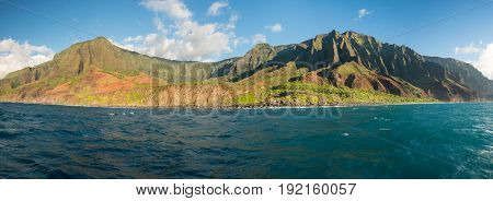 Ka'a'Alahina Ridge on Na Pali coastline in Kauai from sunset cruise