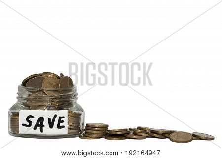 Saving money in a glass bottle over white background