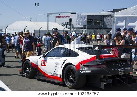 LE MANS FRANCE - JUNE 18 2017: Exposition of Porsche 911 RSR of Porsche GT Team during the 24 hours of Le mans circuit
