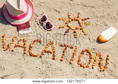Word Vacation, Accessories For Sunbathing And Passport With Currencies Euro At Beach, Concept Of Tra