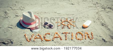 Word Vacation, Accessories For Sunbathing And Passport With Currencies Dollar At Beach, Travel In Su