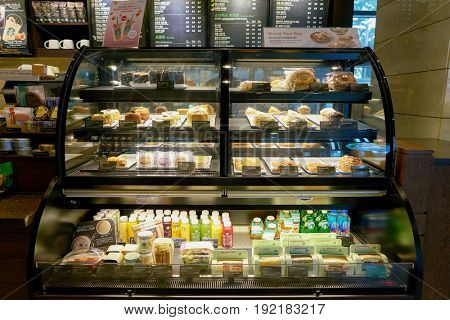 SEOUL, SOUTH KOREA - CIRCA MAY, 2017: display case at Starbucks in Seoul. Starbucks Corporation is an American coffee company and coffeehouse chain.
