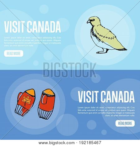Visit Canada horizontal banners. Knitted mittens and rock ptarmigan hand drawn vector illustrations.