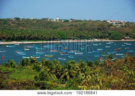 A harbor full of colorful boats in Candolim Goa India