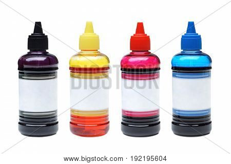 Printer ink bottles isolated on white background