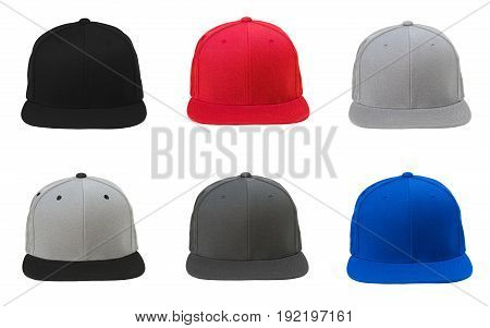 Blank flat snap back hat 6 set on white background