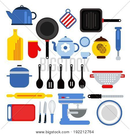 Different kitchen tools set isolated on white. Vector illustrations in modern flat style. Collection of kitchen equipment