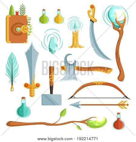 Vector set of fantasy magic weapons. Illustrations for computer game. Magic book and candle, potion and feather