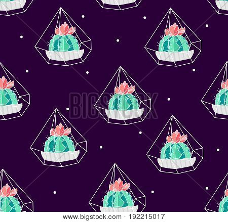 Seamless pattern polka dot with color cactus in florarium on black background. Ornament for textile and wrapping. Vector.