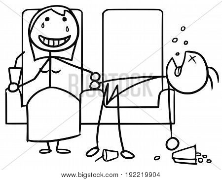 Cartoon vector doodle stickman couple on date in cinema girl happyboy sleeping bored