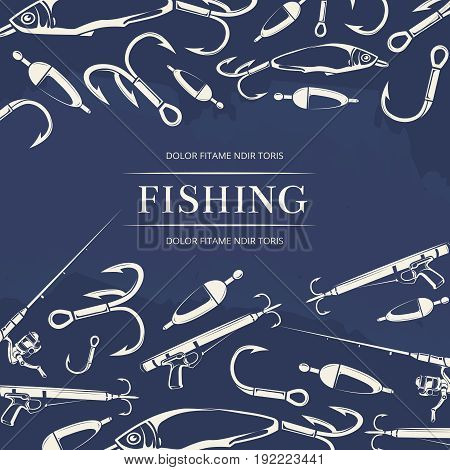Fishing poster with hook, fishing rod and gun and fish. Vector illustration