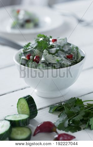Cucumber salad with coriander and yogurt dressing on the white wooden background
