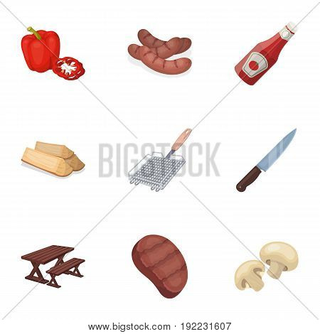 Meat, steak, firewood, grill, table and other accessories for barbecue.BBQ set collection icons in cartoon style vector symbol stock illustration .