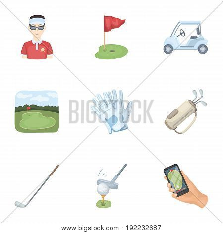 A golfer, a ball, a club and other golf attributes.Golf club set collection icons in cartoon style vector symbol stock illustration .