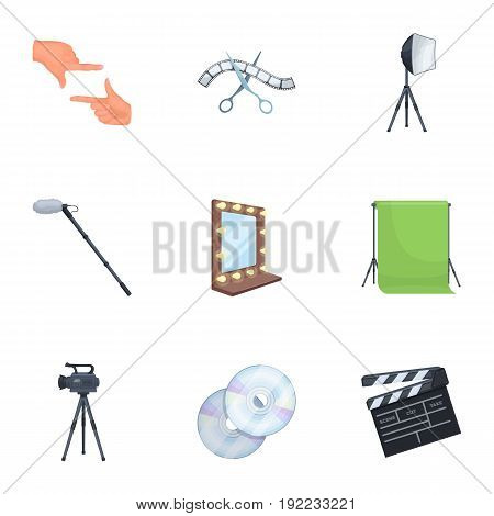 A movie camera, a floodlight, a chromakey and other equipment for the cinema.Making movie set collection icons in cartoon style vector symbol stock illustration .