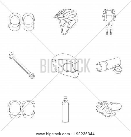 Icons of Cycling, bike. Set for bike, backpack protection, repair, form. Cyclist outfit icon in set collection on outline style vector symbol stock web illustration.