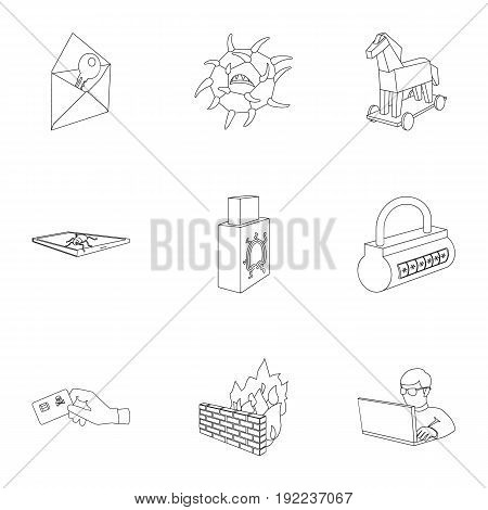 A selection of icons about protection and breaking. Modern technology of protection against breaking. Hackers and hacking icon in set collection on outline style vector symbol stock web illustration.
