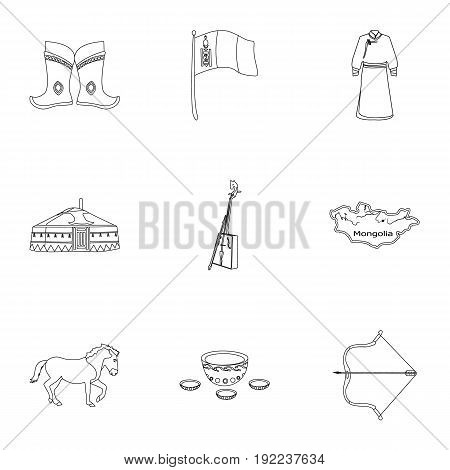 Mongolian national characteristics. Icons set about Mongolia.Clothing, soldiers, equipment. Mongolia icon in set collection on outline style vector symbol stock web illustration.