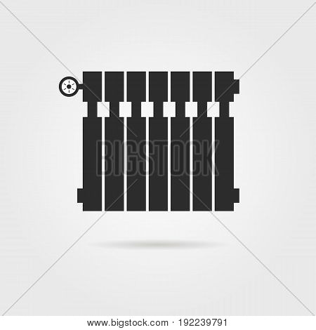 black radiator icon with shadow. concept of interior comfort, iron pipe, cozy lodging, power heatsink, cooler. isolated on gray background. flat style trend modern logo design vector illustration