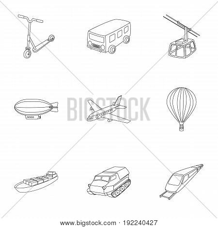 Set of pictures about types of transport. Transportation of people, cargo. Ground, underwater, air transport. Transport icon in set collection on outline style vector symbol stock web illustration.
