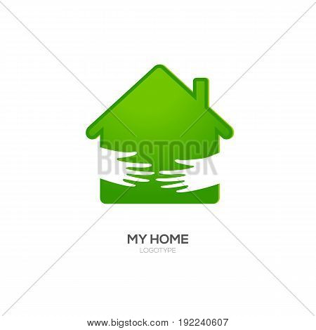 Home Logo Design Template. Vector Illustration. Two hands hold green house icon. Recommended for eco friendly, social oriented projects.