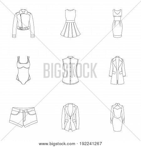 Collection of icons of womens clothing. Various women's clothes for work, walking, sports. Women clothing icon in set collection on outline style vector symbol stock web illustration.