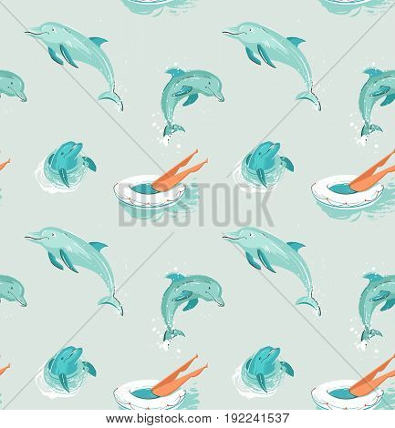 Hand drawn vector abstract vintage cartoon summer time fun seamless pattern of swimming girl in swimming float circle and jumping dolphins isolated on blue water background.