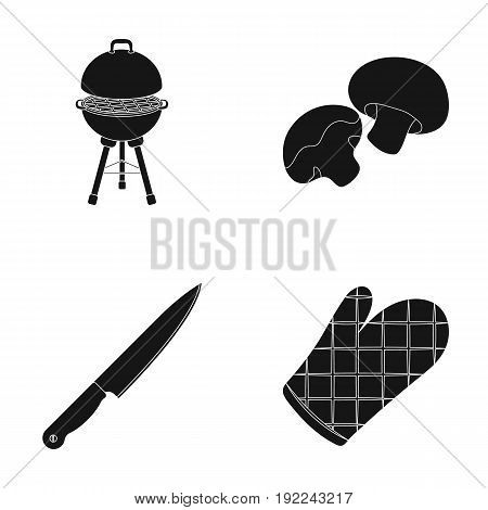 Barbeque grill, champignons, knife, barbecue mitten.BBQ set collection icons in black style vector symbol stock illustration .