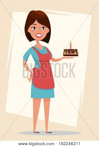 Woman holding tasty cake with burning candle for birthday. Cute cartoon character. Stock vector