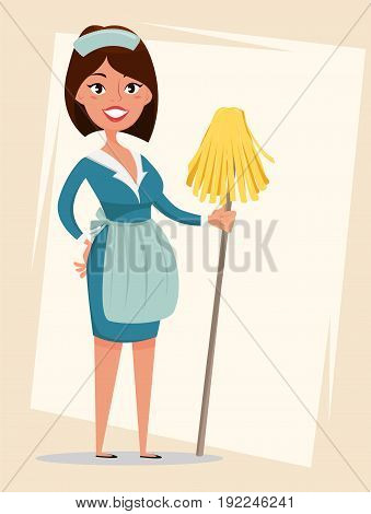 Maid cute smiling girl dressed in classic French maid clothes holding mop. Cartoon character. Cleaning service advertisement. Vector illustration.