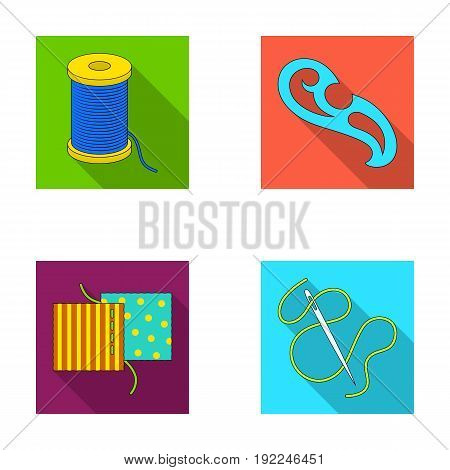 A spool with threads, a needle, a curl, a seam on the fabric.Sewing or tailoring tools set collection icons in flat style vector symbol stock illustration .