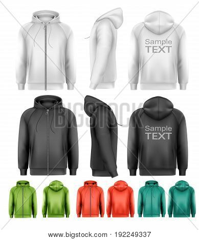 Set of black and white and colorful male hoodies with zipper. Vector