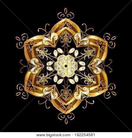 Flat snow doodle icons snow flakes silhouette for christmas banner cards. New year 2018 golden snowflake on black background. Cute abstract snowflakes vector pattern.