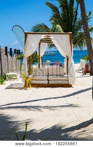 Relax on a luxury VIP beach with nice pavilion in sunshine blue sky day