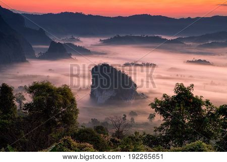 Phulangka Mountain With Myst And Sunrise In Phu Langka National Park, Payao Province, Thailand