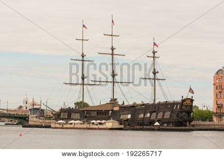 St. Petersburg Russia - 28 May, Sailing vessel The Flying Dutchman at Mytninskaya Embankment, 28 May, 2017.
Famous sightseeing places of St. Petersburg for tourists.