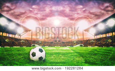 Soccer Ball On Green Field of football stadium for background