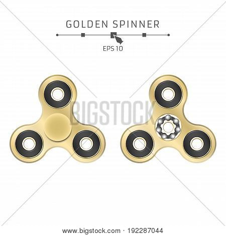 Realistic golden spinner on a white background. Bright bearing. Modern antistress toy for fingers. Vector illustration. EPS 10