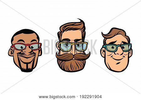 Head stylish guys, hipsters, multi-ethnic group. Comic cartoon style pop art retro vector illustration