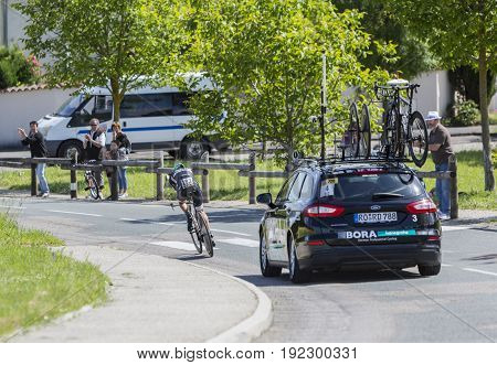 Bourgoin-Jallieu France - 07 June 2017: The German cyclist Emanuel Buchmann of Bora-Hansgrohe Team riding during the time trial stage 4 of Criterium du Dauphine 2017.