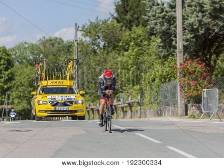 Bourgoin-Jallieu France - 07 June 2017: The English cyclist Benjamin Swift of UAE Team Emirates riding during the time trial stage 4 of Criterium du Dauphine 2017.