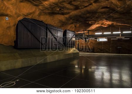 STOCKHOLM, SWEDEN - JUNE 27, 2016: This is hall of the Radhuset subway station.