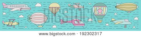 Air transportation outline horizontal illustration. Clean and simple design. Part one.