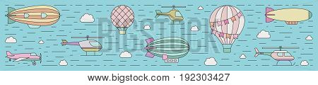 Air transportation outline horizontal illustration. Clean and simple design. Part three.