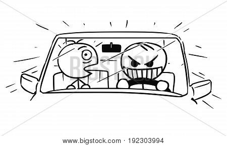 Cartoon vector stickman crazy driver is dangerous driving the car front seat passenger is very scared.