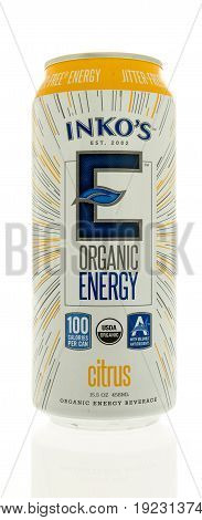 Winneconne WI -13 June 2017: A can of Inko's organic energy drink in citrus flavor on an isolated background